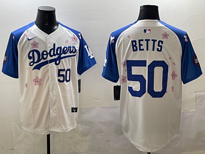Men Los Angeles Dodgers #50 Betts White Blue Sakura Edition 2025 Nike MLB Jersey style 8